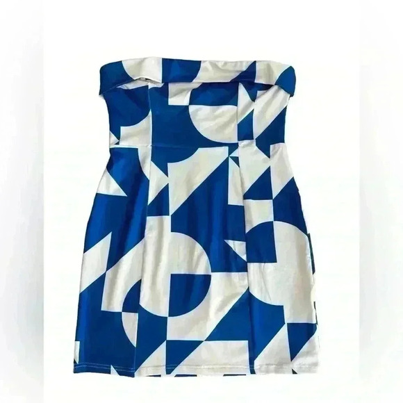 Hello Molly Blue Cubism Mini Party Club Strapless Halter Dress Size 12 - Picture 1 of 8